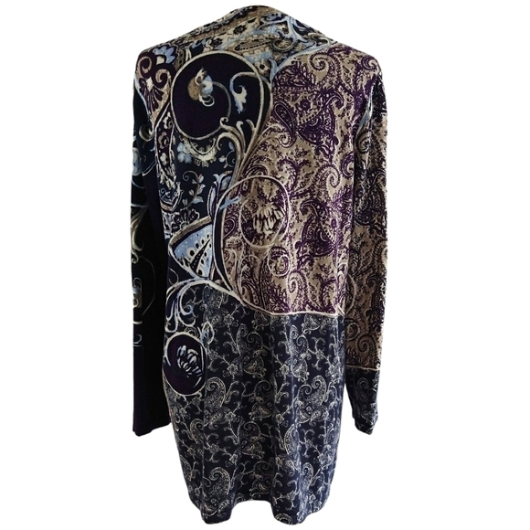 Chico's Royal Scroll Purple Luxe Long Open Front Cardigan Boho Paisley Layering - Picture 2 of 8